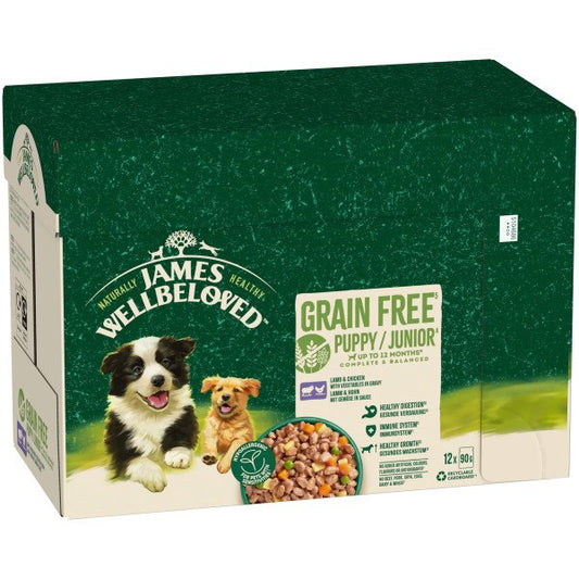 James Wellbeloved Puppy / Junior Pouch Grain Free Lamb & Chicken 90g 12pk x 1