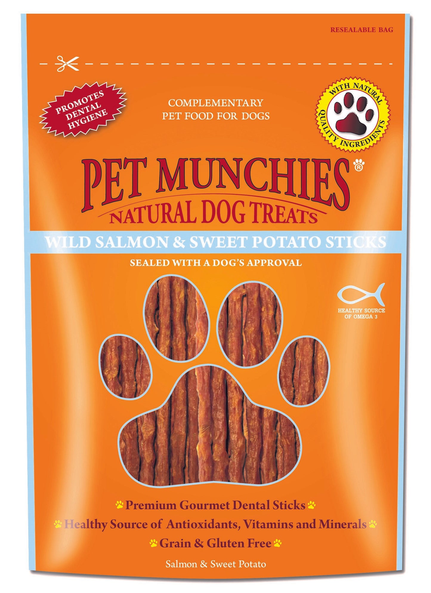 Pet Munchies Dog Treats - Wild Salmon & Sweet Potato Dental Sticks 90g x 8