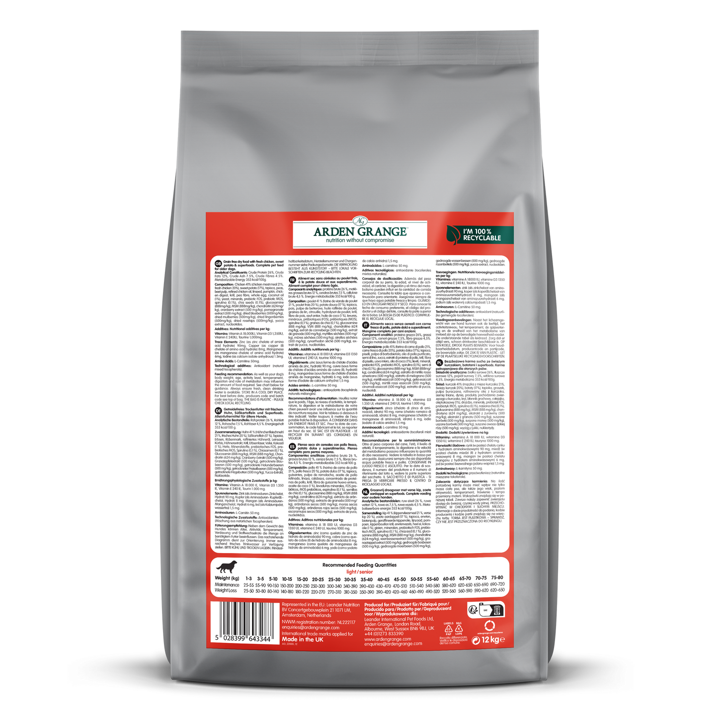 Arden Grange Adult Dog Grain Free Light/Senior Chicken & Superfoods 12kg