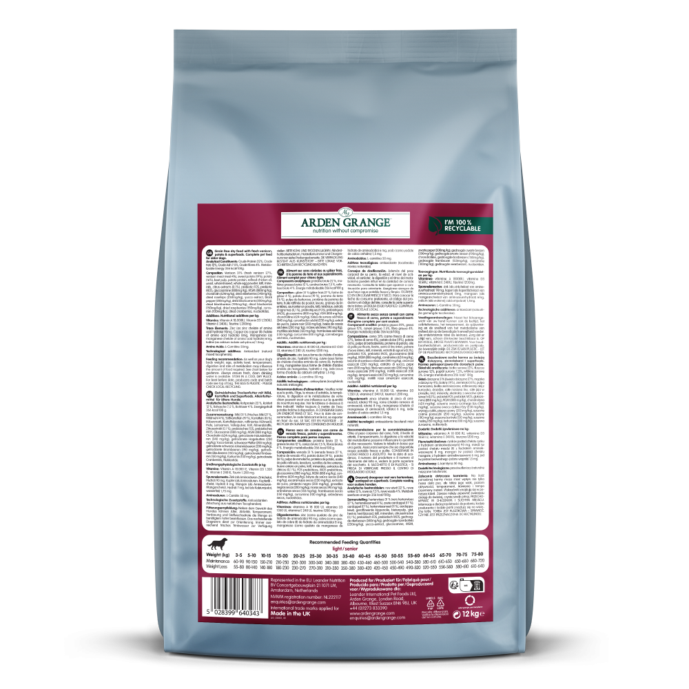 Arden Grange Sensitive GRAIN-FREE Light / Senior - Venison & Potato 12kg