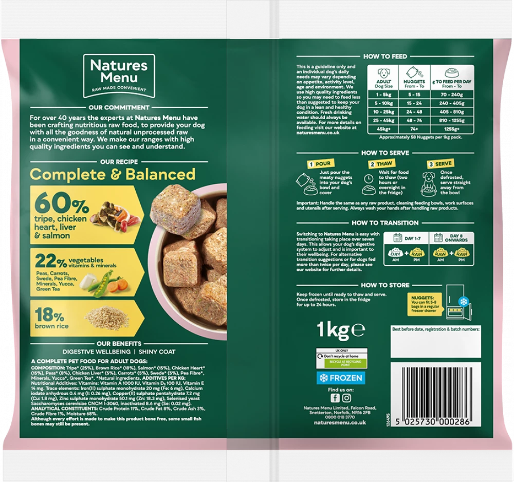 Natures Menu Complete & Balanced Raw 60/40 with Tripe, Chicken Heart, Liver, Salmon, Vegetables and Brown Rice For Adult Dogs