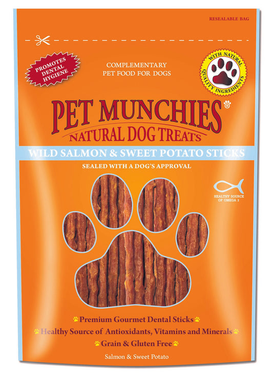 Pet Munchies Dog Treats - Wild Salmon & Sweet Potato Dental Sticks 90g x 8