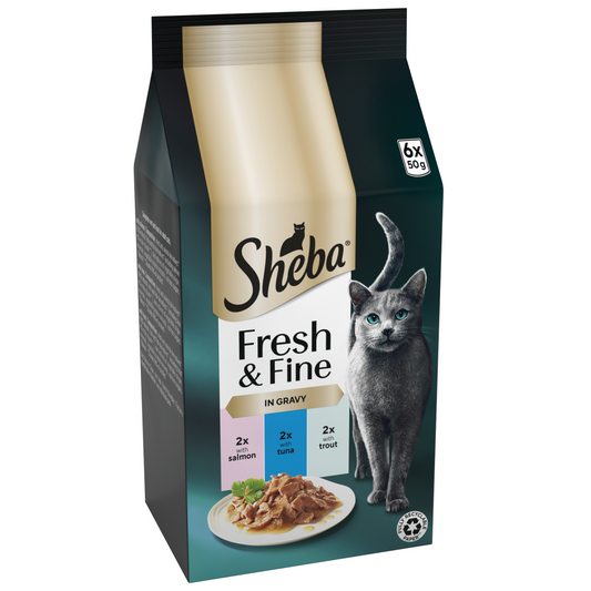 Sheba Cat Pouch Fresh & Fine Tuna, Salmon & Trout in Gravy 50g 6pk x 8