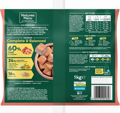 Natures Menu Complete & Balanced Raw  60/40 Beef and Chicken with Vegetables and Brown Rice For Adult Dogs