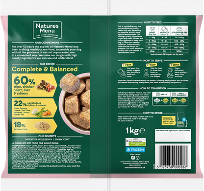 Natures Menu Complete & Balanced Raw  60/40 with Tripe, Chicken Heart, Liver, Salmon, Vegetables and Brown Rice For Adult Dogs