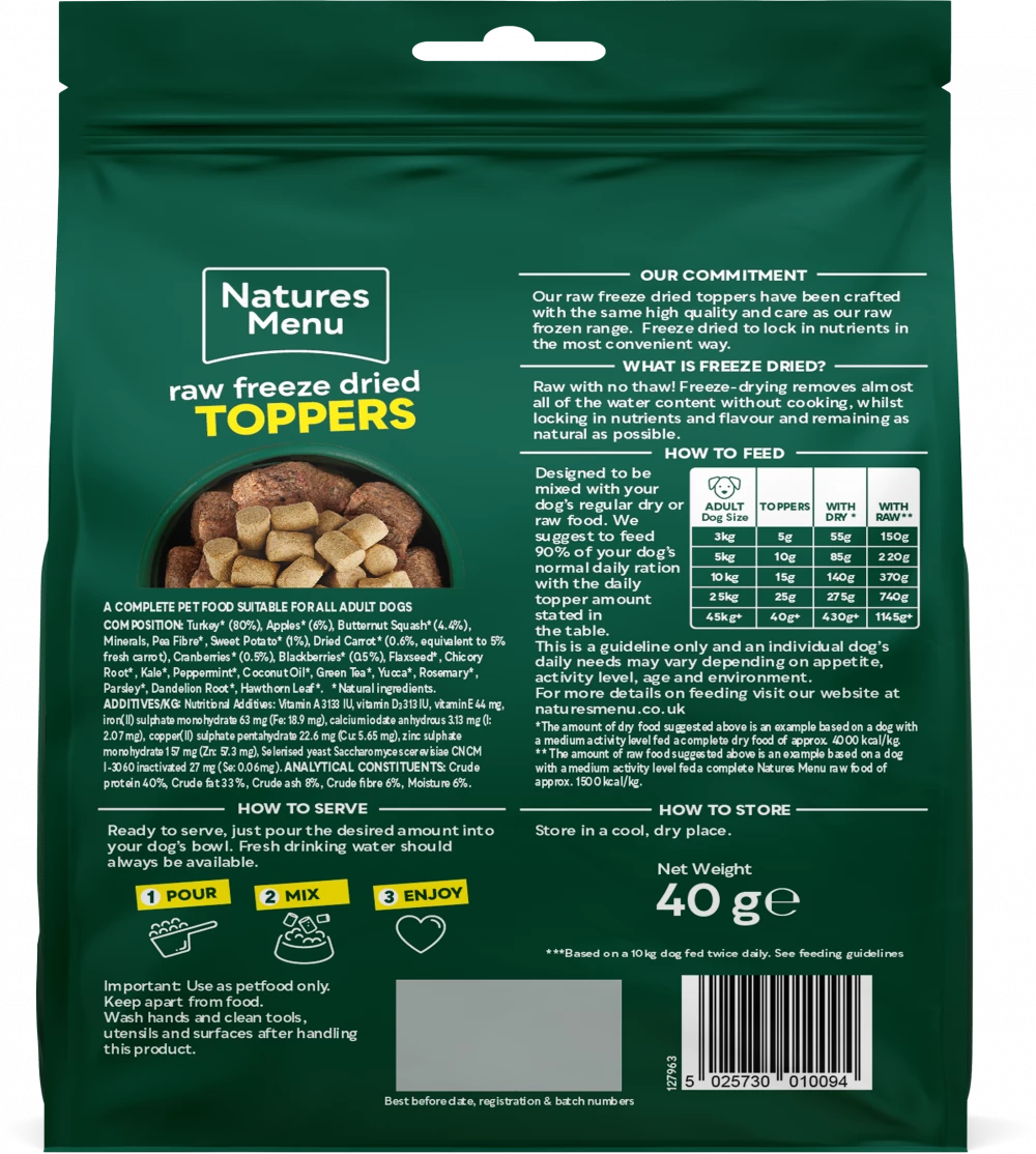 Complete Freeze Dried Food  Turkey Toppers For Adult Dogs